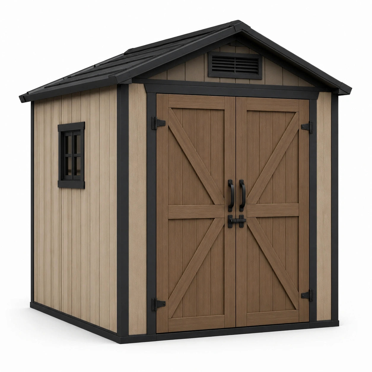 Abri de jardin en résine marron et noir avec fenêtres en polycarbonate
