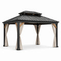 Pavillon en aluminium avec toit en acier galvanisé et rideaux en polyester noir/beige