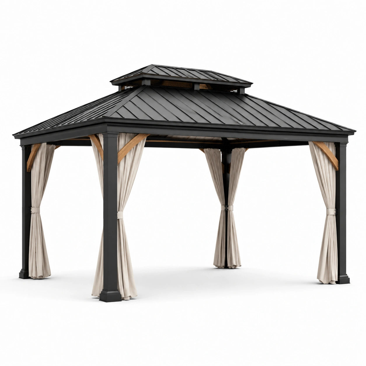 Pavillon en aluminium avec toit en acier galvanisé et rideaux en polyester noir/beige