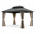 Pavillon de Jardin en Métal Noir avec Rideaux en Polyester Beige 3x4 m