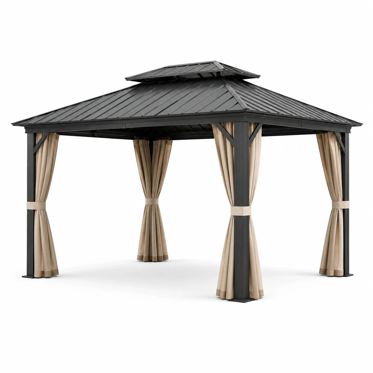 Pavillon de Jardin en Métal Noir avec Rideaux en Polyester Beige 3x4 m