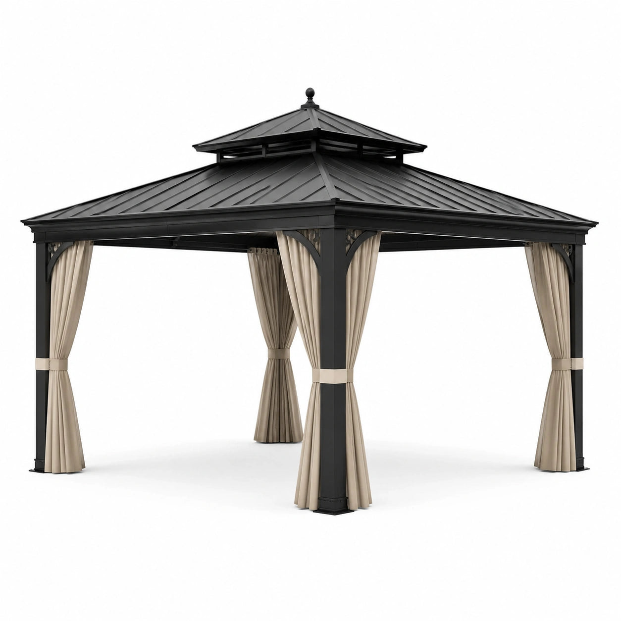 Pavillon en aluminium noir avec rideaux en polyester beige 3x3m