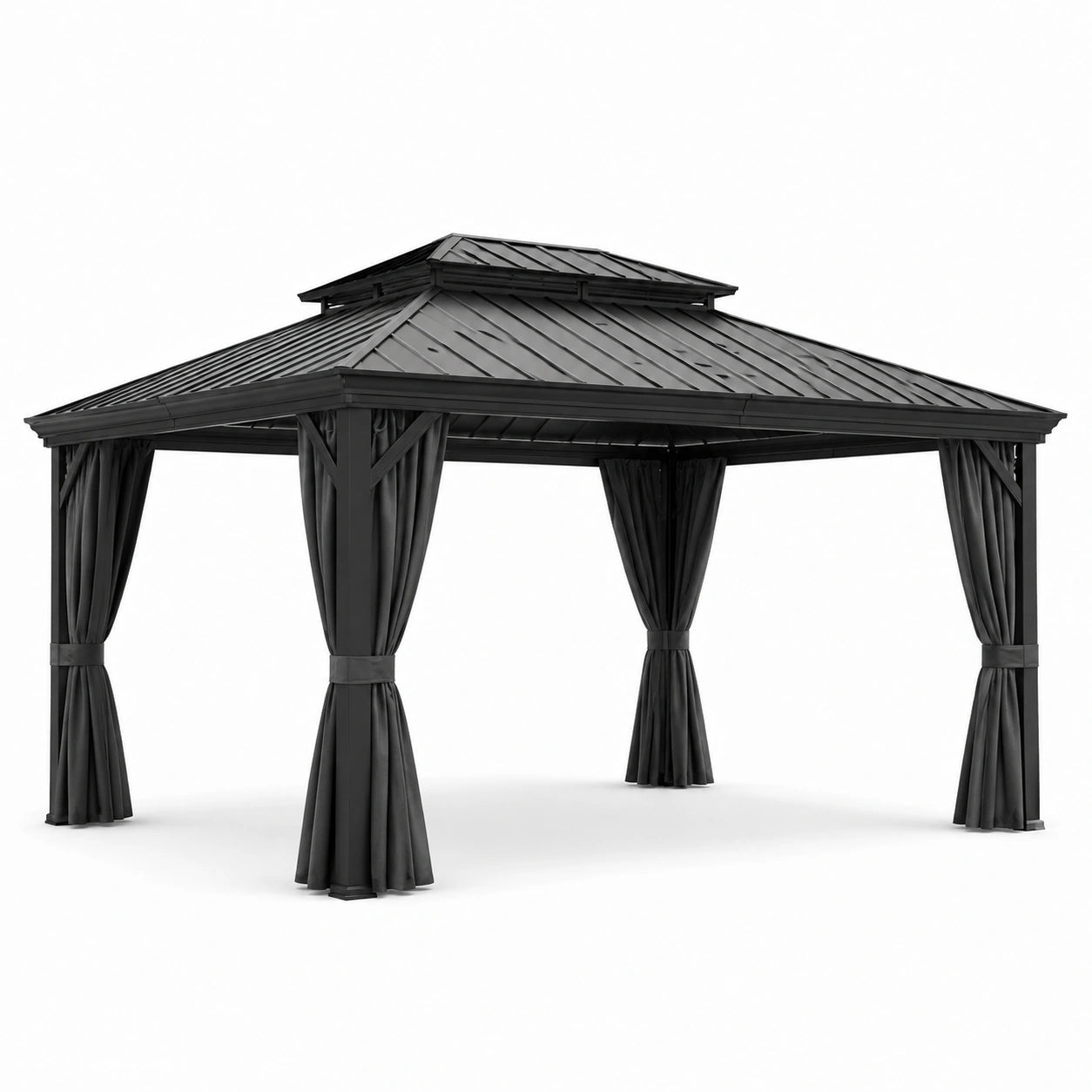 Pavillon de jardin en aluminium avec toit en acier et rideaux en polyester noir 300x400 cm