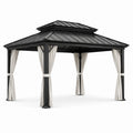 Pavillon en aluminium avec toit en acier et rideaux en polyester noir/beige