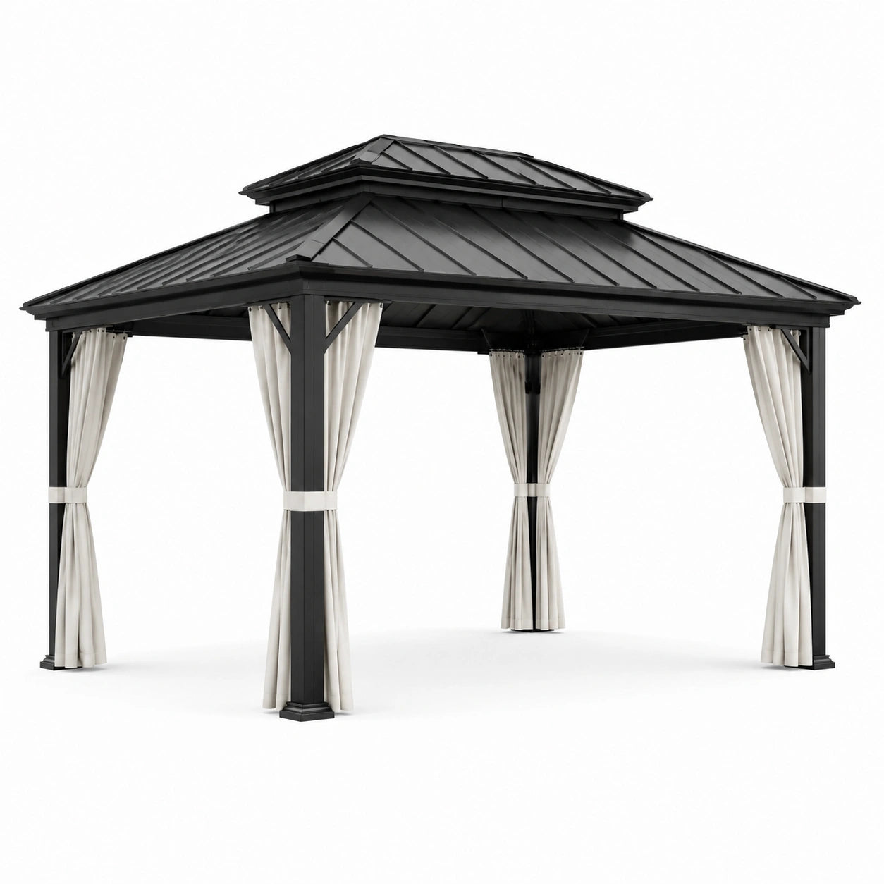 Pavillon en aluminium avec toit en acier et rideaux en polyester noir/beige