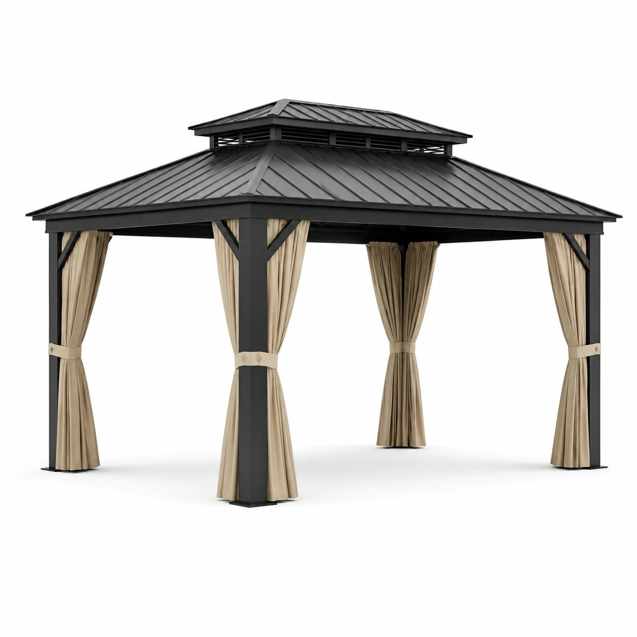 Pavillon extérieur en aluminium et acier avec rideaux en polyester beige