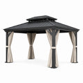 Pavillon de jardin en aluminium avec toit en acier et rideaux beige