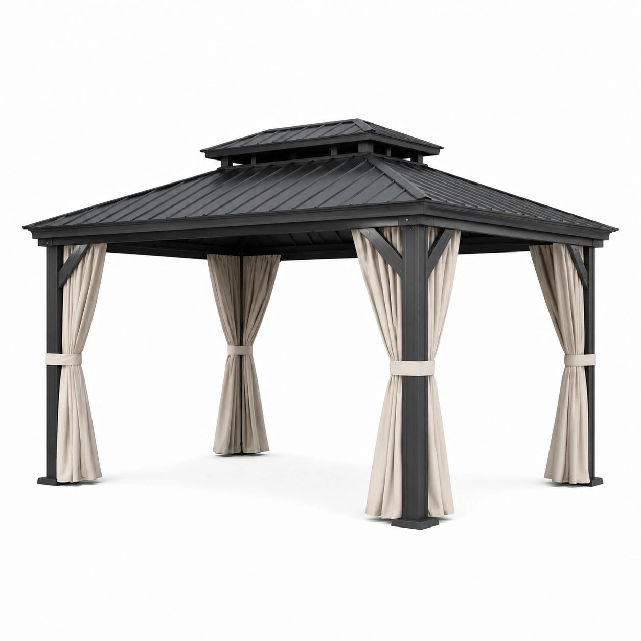 Pavillon de jardin en aluminium avec toit en acier et rideaux beige