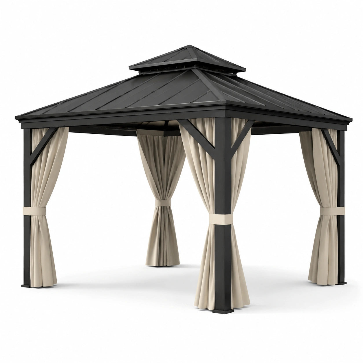 Pavillon en aluminium noir avec rideaux en polyester beige 4x3m