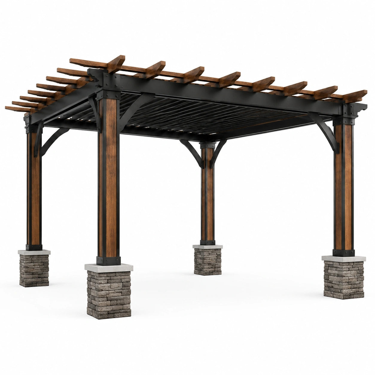 Pergola en bois et métal avec piliers en pierre