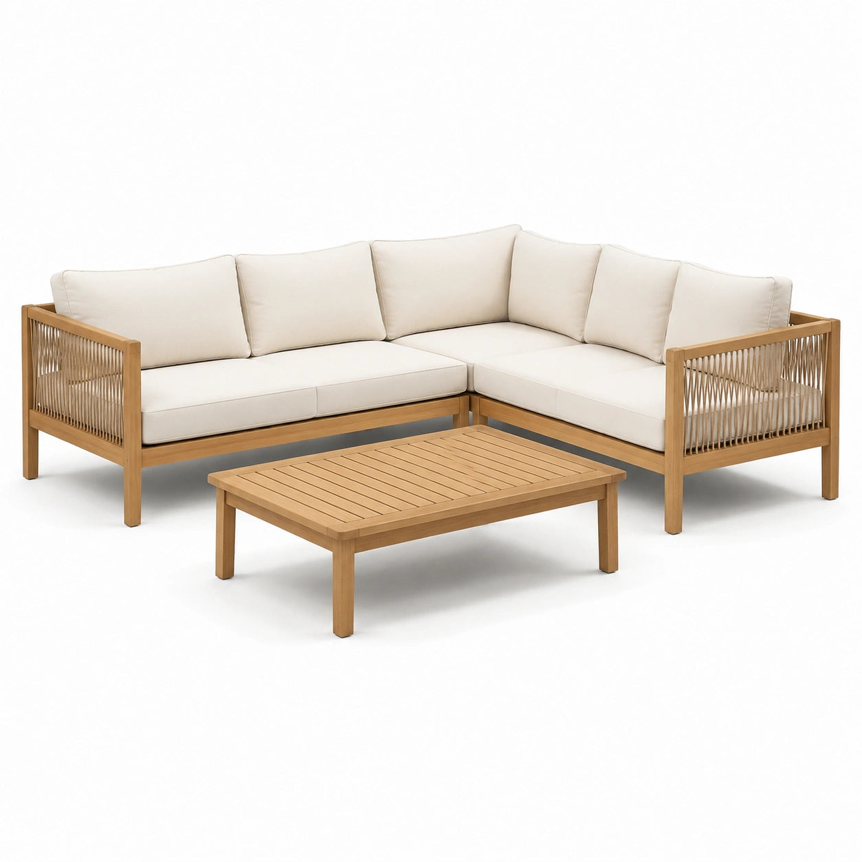Ensemble Salon de Jardin en Bois d'Acacia avec Coussins Beiges