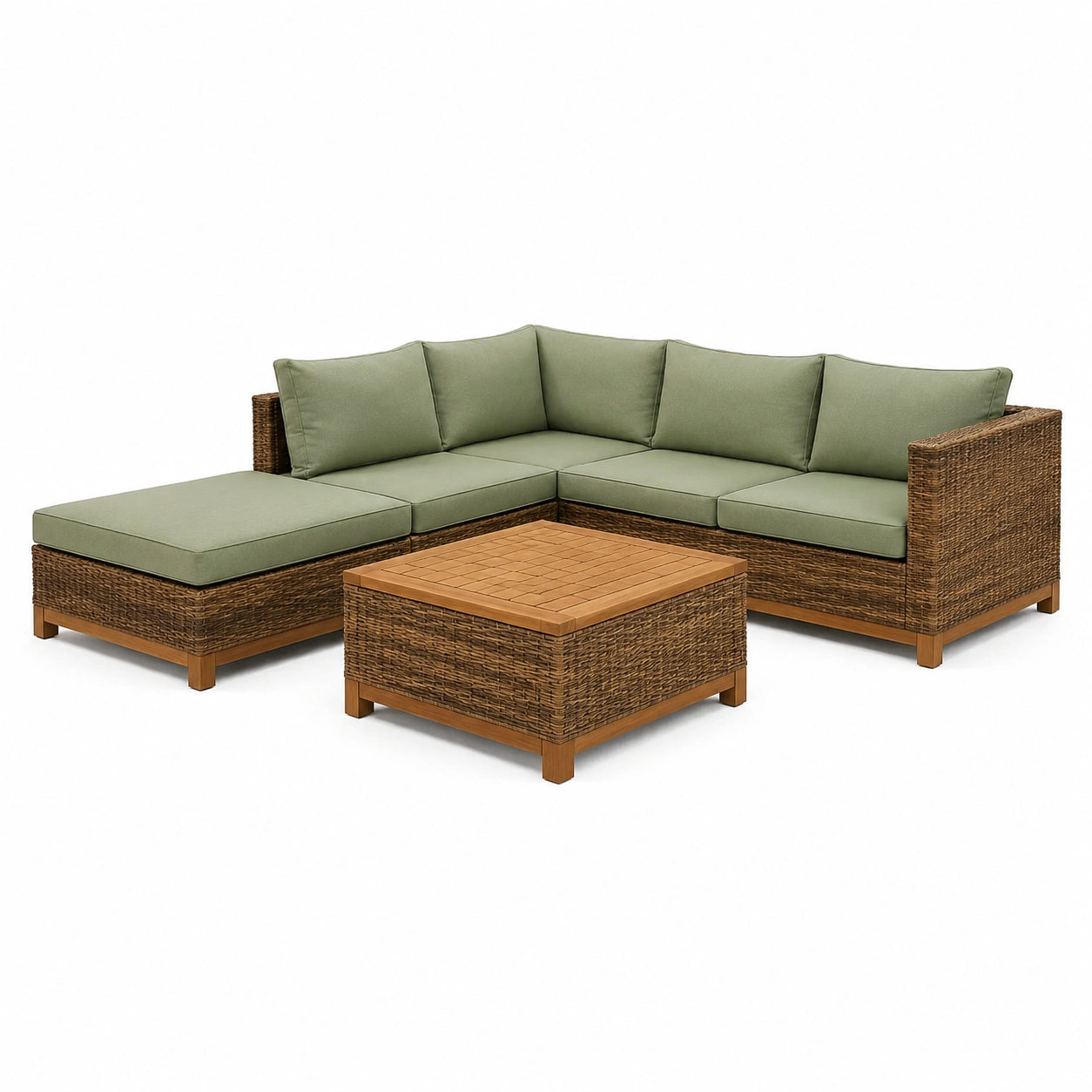 Ensemble de salon de jardin en bois et résine tressée avec coussins verts