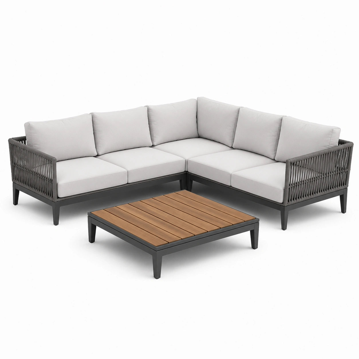 Ensemble salon de jardin aluminium corde coussins gris clair