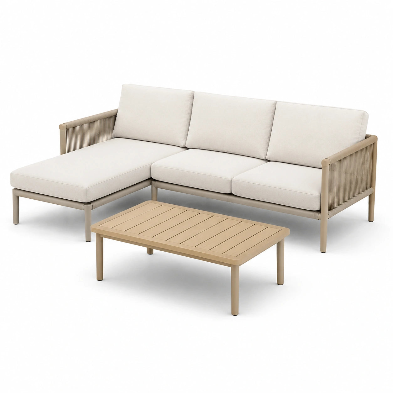 Canapé d'angle de jardin en aluminium avec table basse et coussins beiges