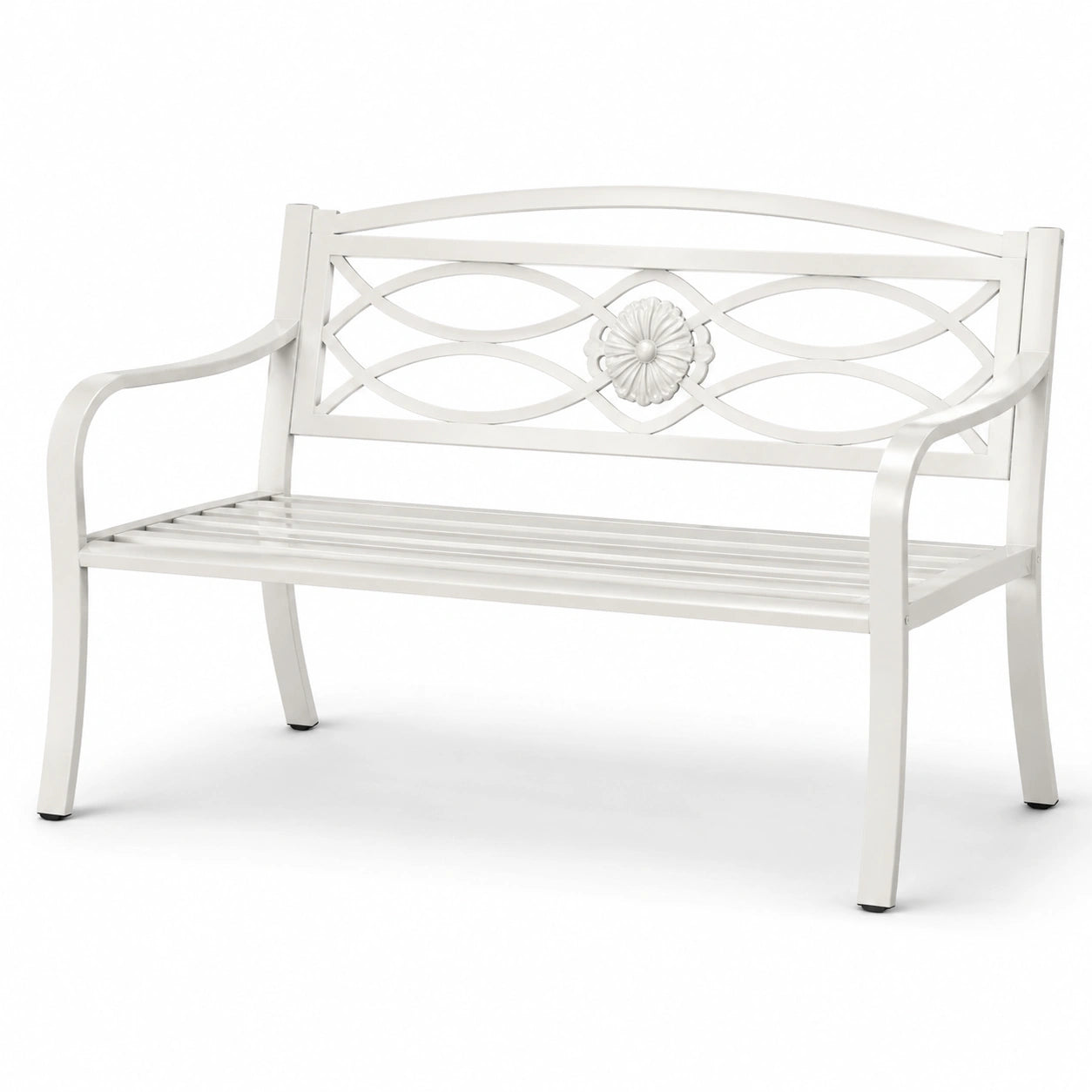 Banc de jardin en métal blanc avec motif floral