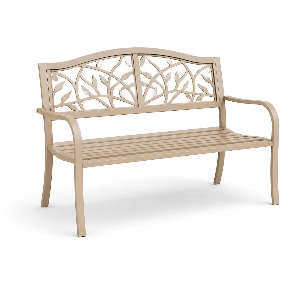 Banc de jardin en métal beige avec décor feuilles