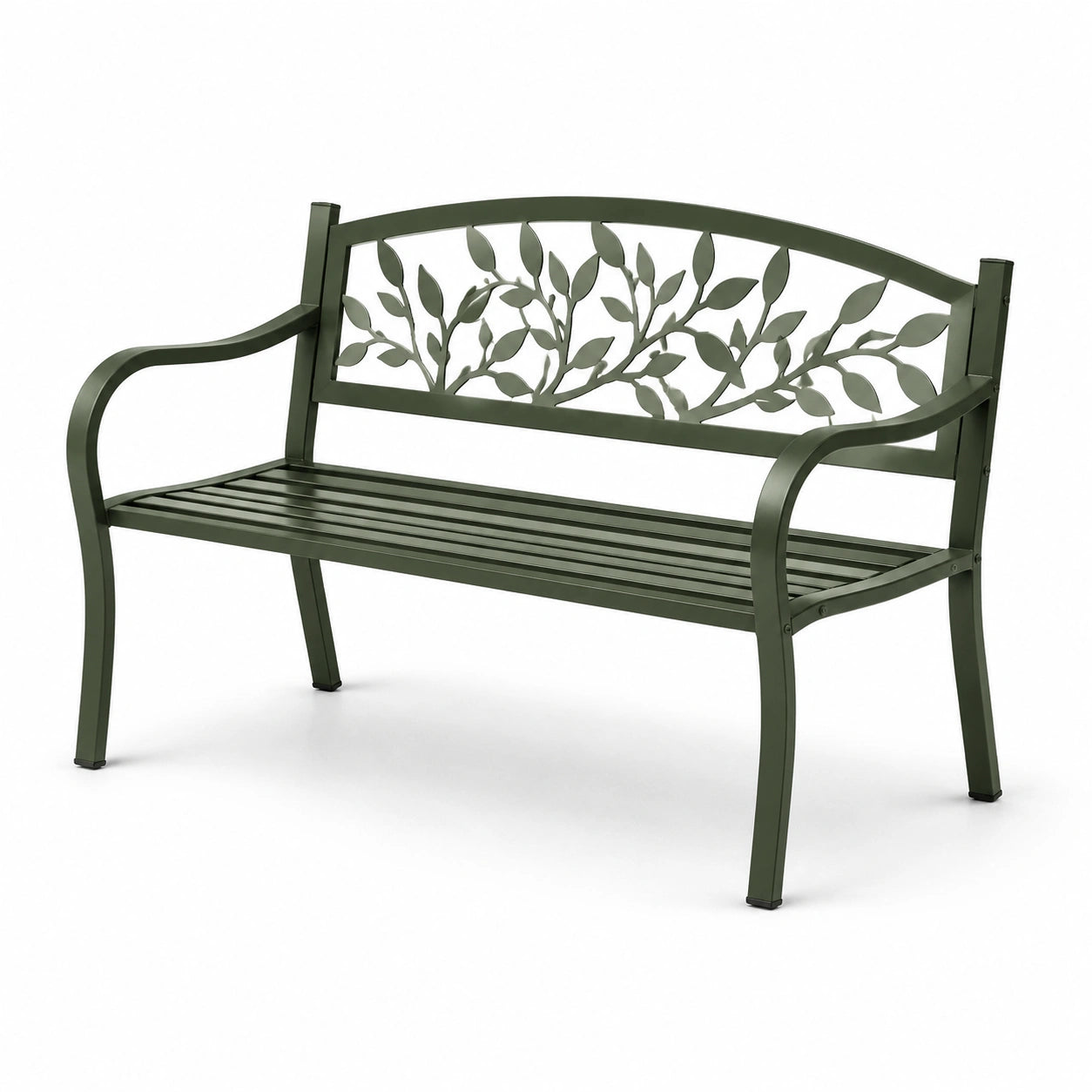 Banc de jardin en métal vert forêt avec motifs de feuilles