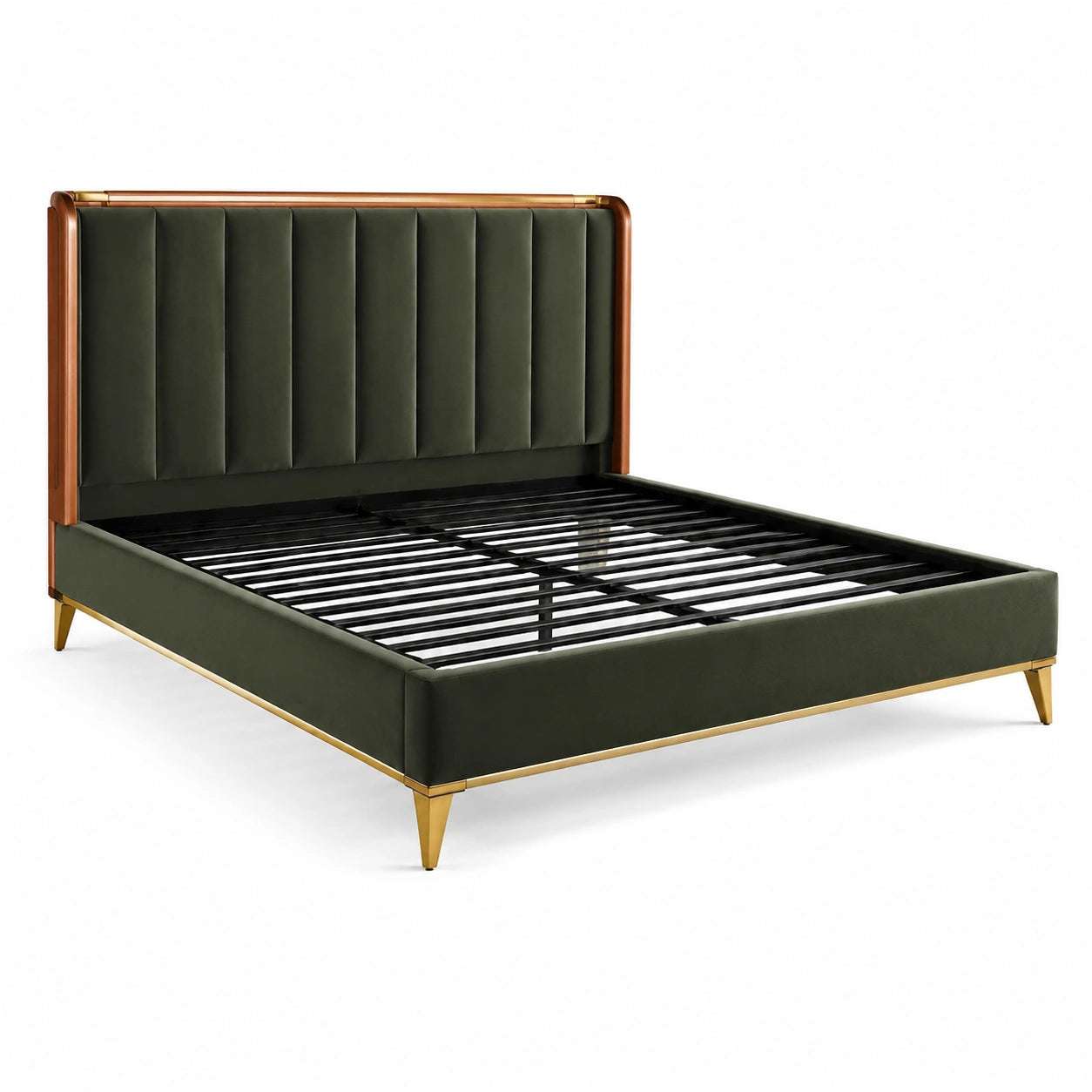 Lit en velours vert avec tête de lit et pieds en métal doré 160x200 cm