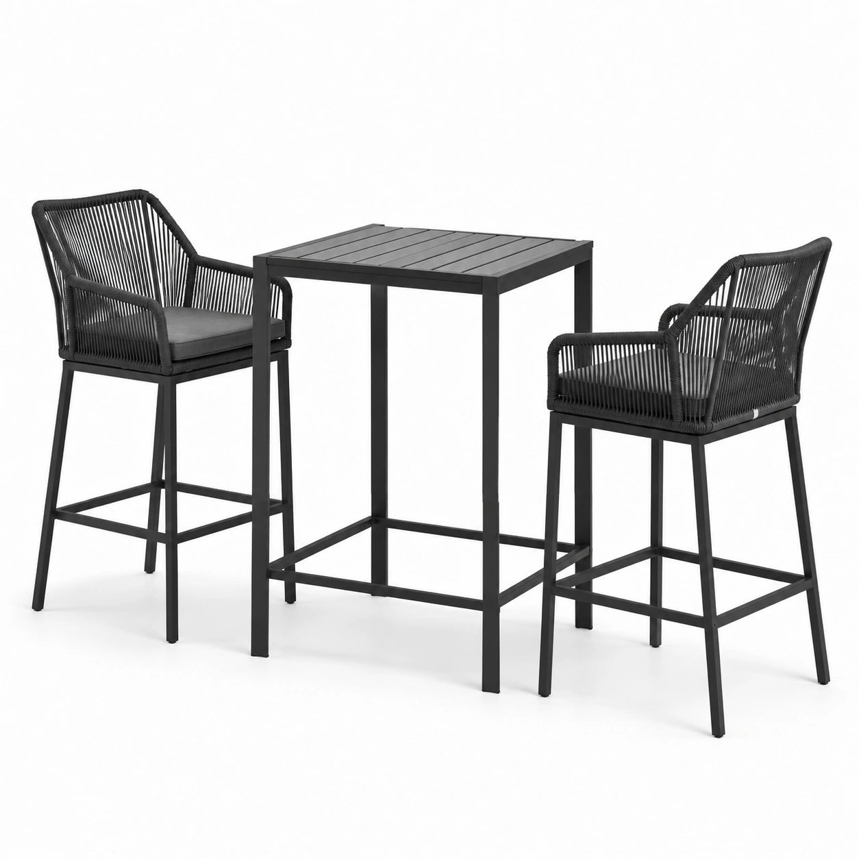 Ensemble table haute en métal et tabourets en corde polyester noirs