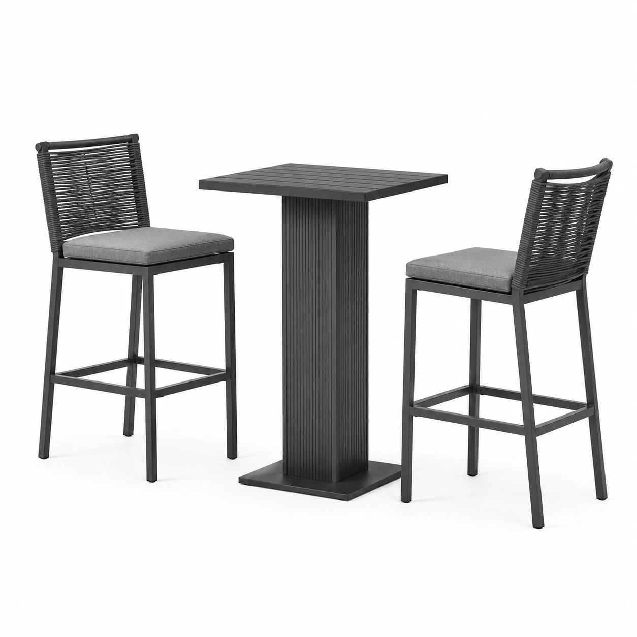 Set de table haute et tabourets en aluminium noir avec coussins en polyester