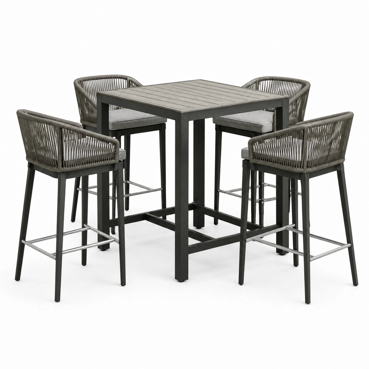 Ensemble table haute en métal et corde avec coussins gris