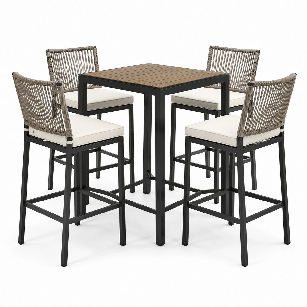 Ensemble de table haute avec tabourets en métal et corde, coussins couleur crème
