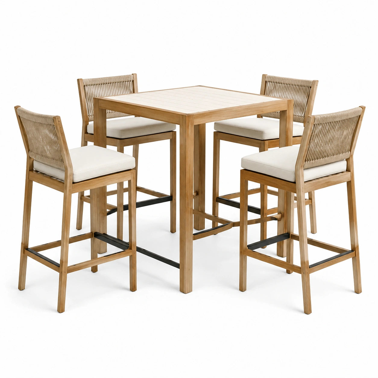 Ensemble table haute et tabourets en bois d'acacia et corde beige