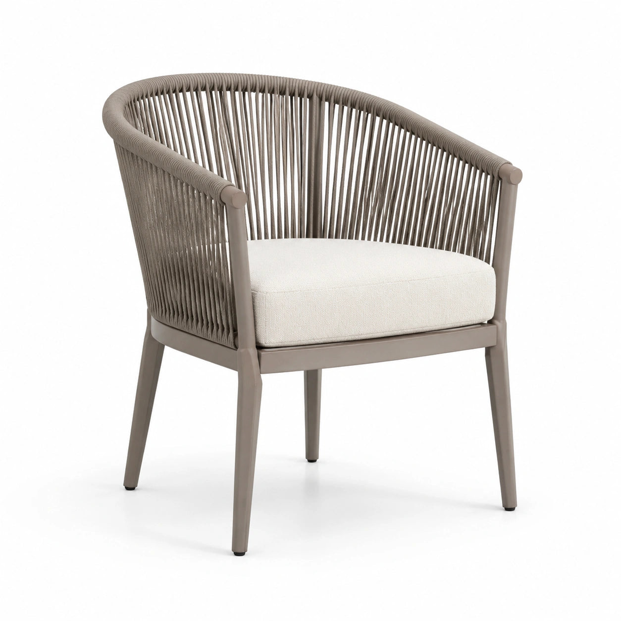 Fauteuil en aluminium et corde polyester taupe avec coussin beige