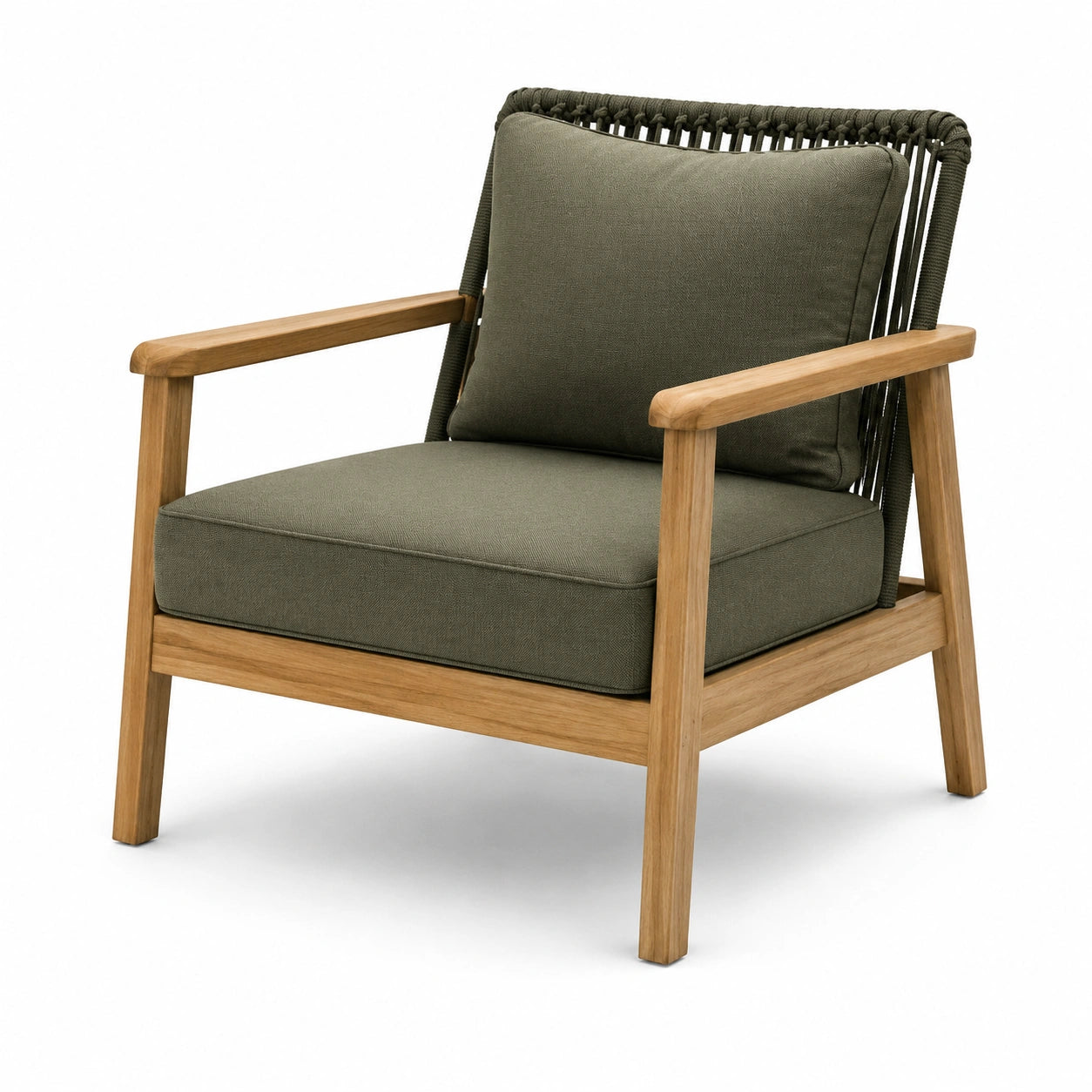 Fauteuil en bois avec coussins en tissu vert olive