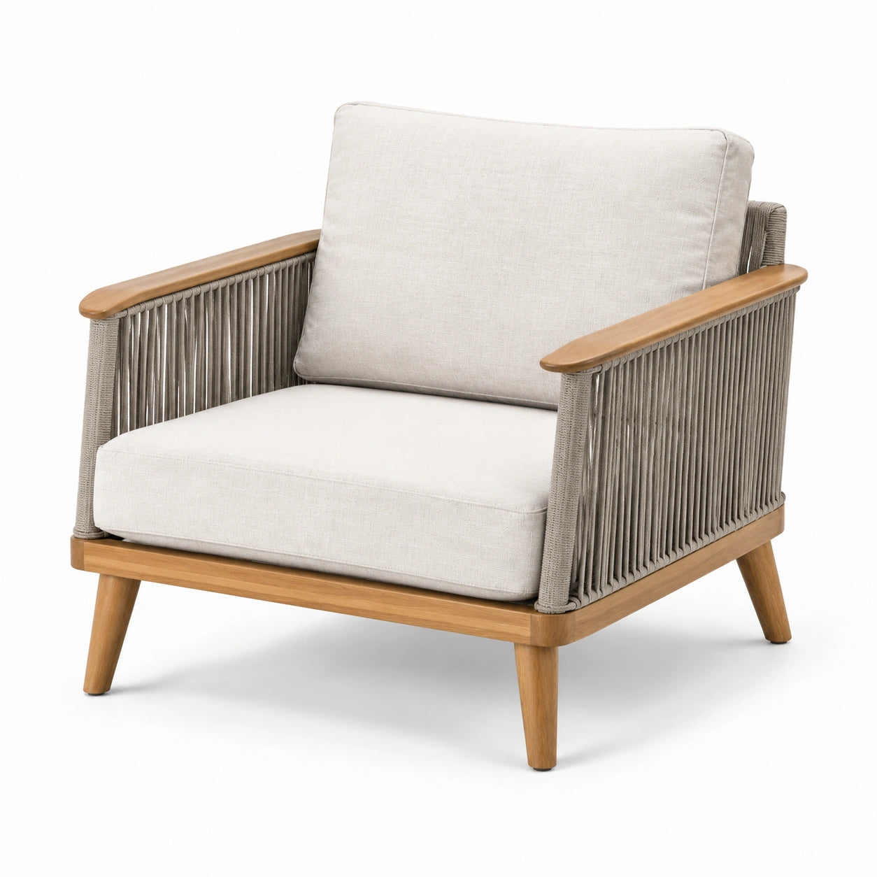 Fauteuil avec accoudoirs en corde et coussins en lin