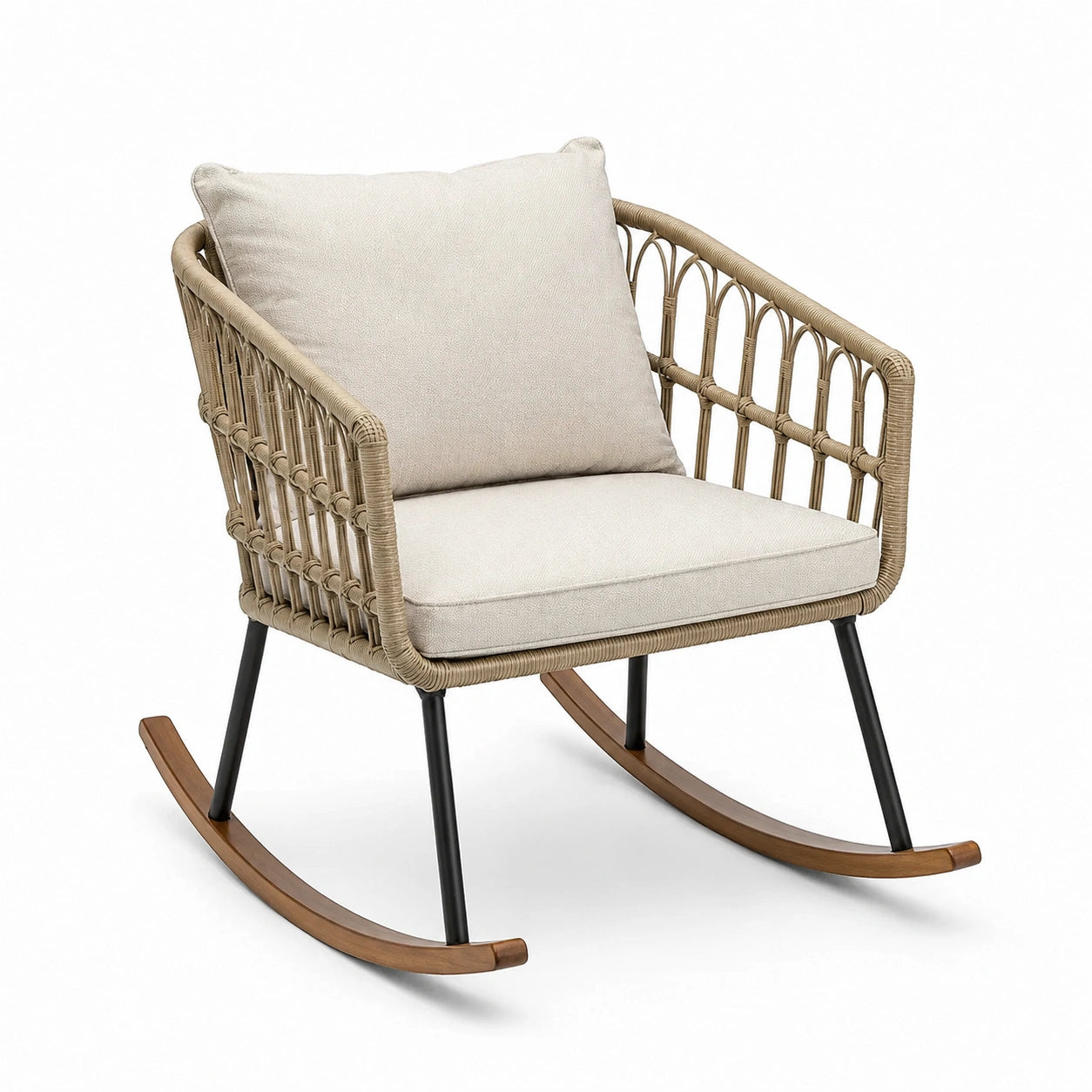 Fauteuil à bascule en rotin synthétique et polyester beige