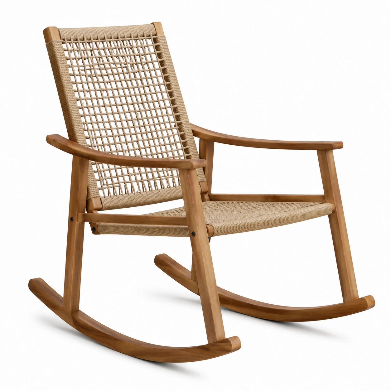 Fauteuil à bascule en bois et corde tissée beige