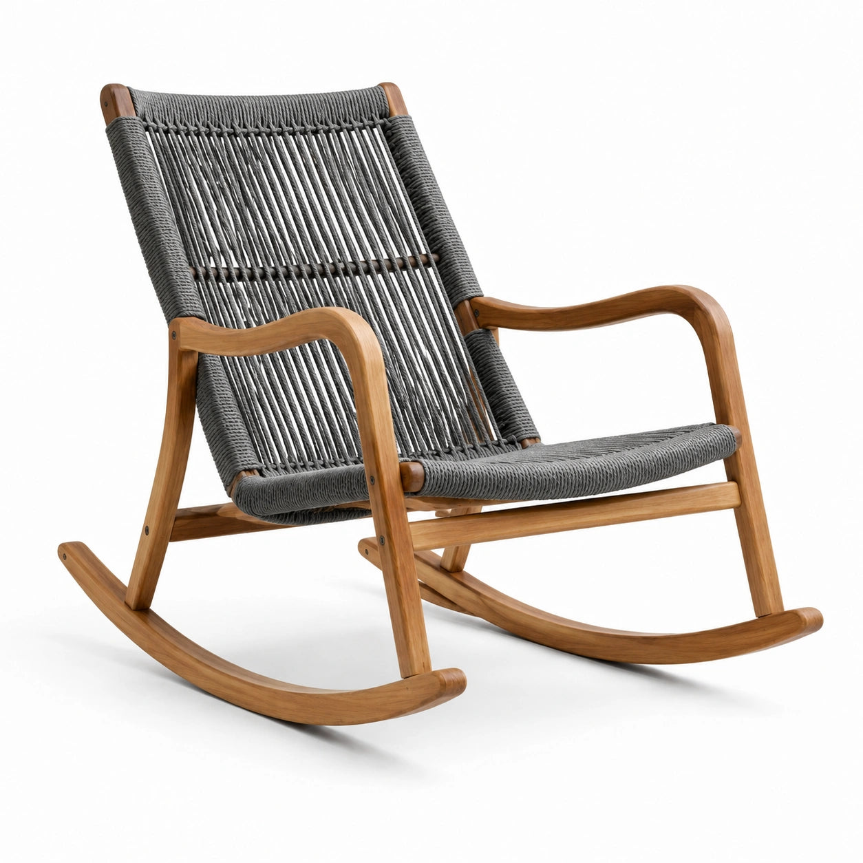 Fauteuil à bascule en bois de teck et corde grise