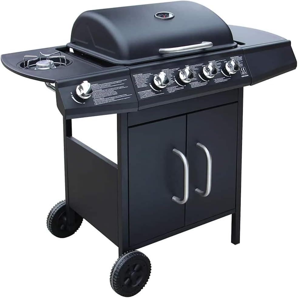 Teenpull Barbecues au gaz naturel, 48,5x37,5 cm, SPCC + Acier inoxydable, noir, Barbecue à gaz 4 Zones de Cuisson Plus 1 latérale avec Grille