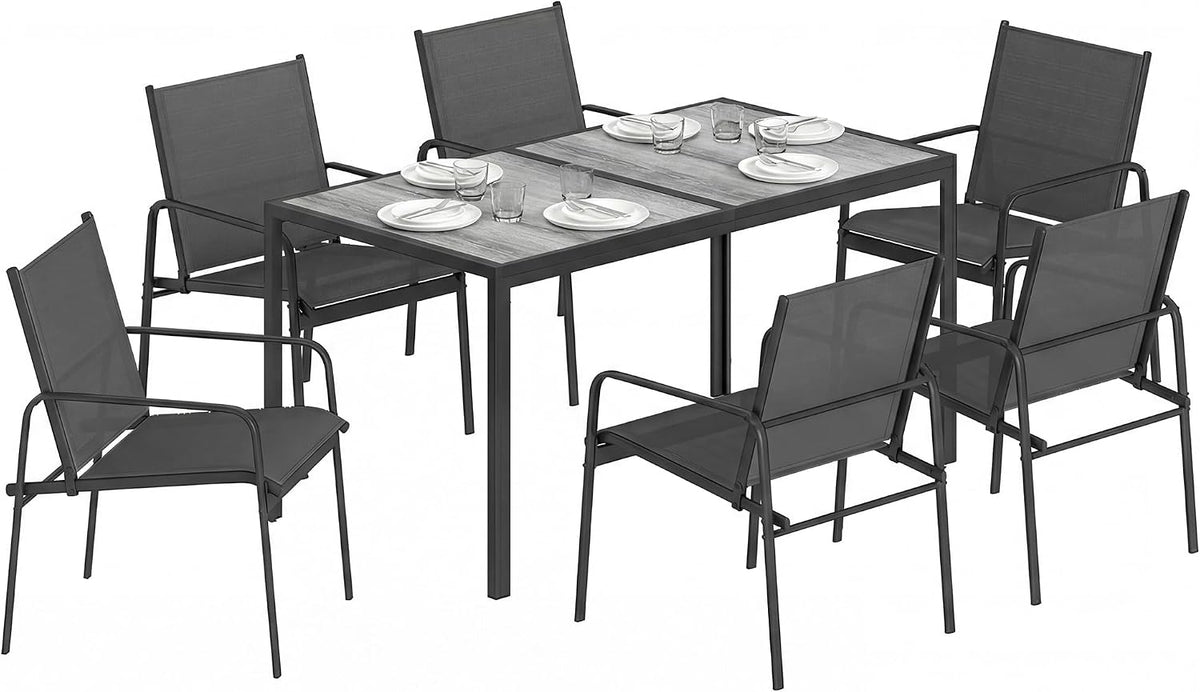 Outsunny chaise, Noir/Gris, Ensemble de Salle à Manger Extérieur 7 Pièces pour 6 Personnes, Mobilier de Jardin avec Cadre en Acier Galvanisé
