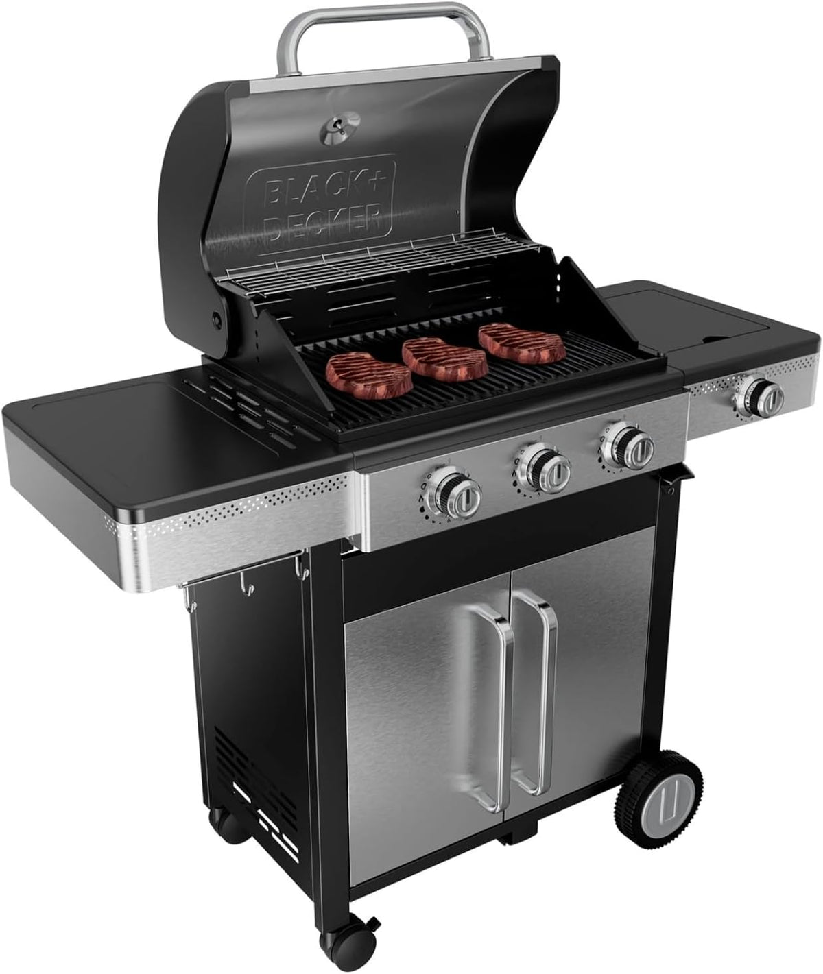 BLACK+DECKER Barbecues au propane, 3,6 kW, 2,1 kW, Noir/Argent, Barbecue à gaz 3 brûleurs + latéral, Grill en fonte
