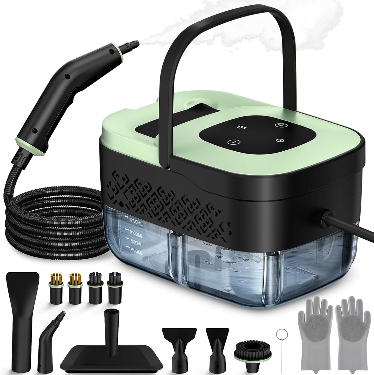 WSRYYCC nettoyeur vapeur, Noir, portable pour nettoyage avec 15 accessoires, 6 niveaux réglables, chauffage en 15 secondes