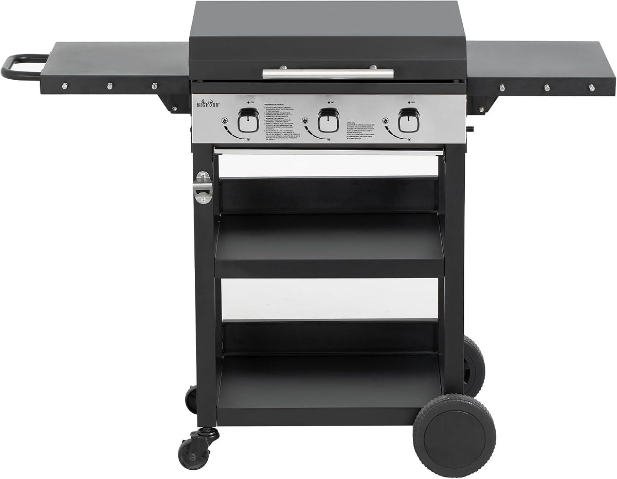 BIG HORN plancha, 7.2kw, Noir/Argent, BIGHORN gaz de 3 brûleurs avec chariot et couvercle