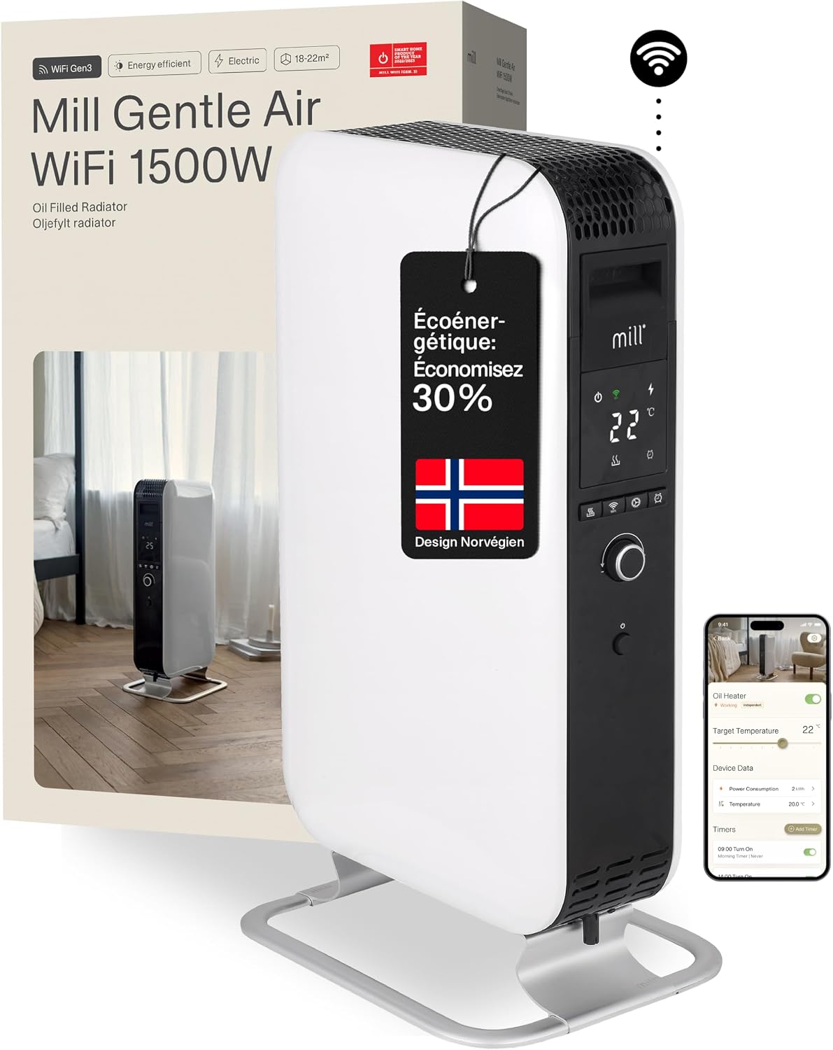 Mill Radiateurs électriques, 1500 W, 22 m, Blanc, Radiateur Bain d'Huile WIFI - Radiateur Connecté WIFI avec App