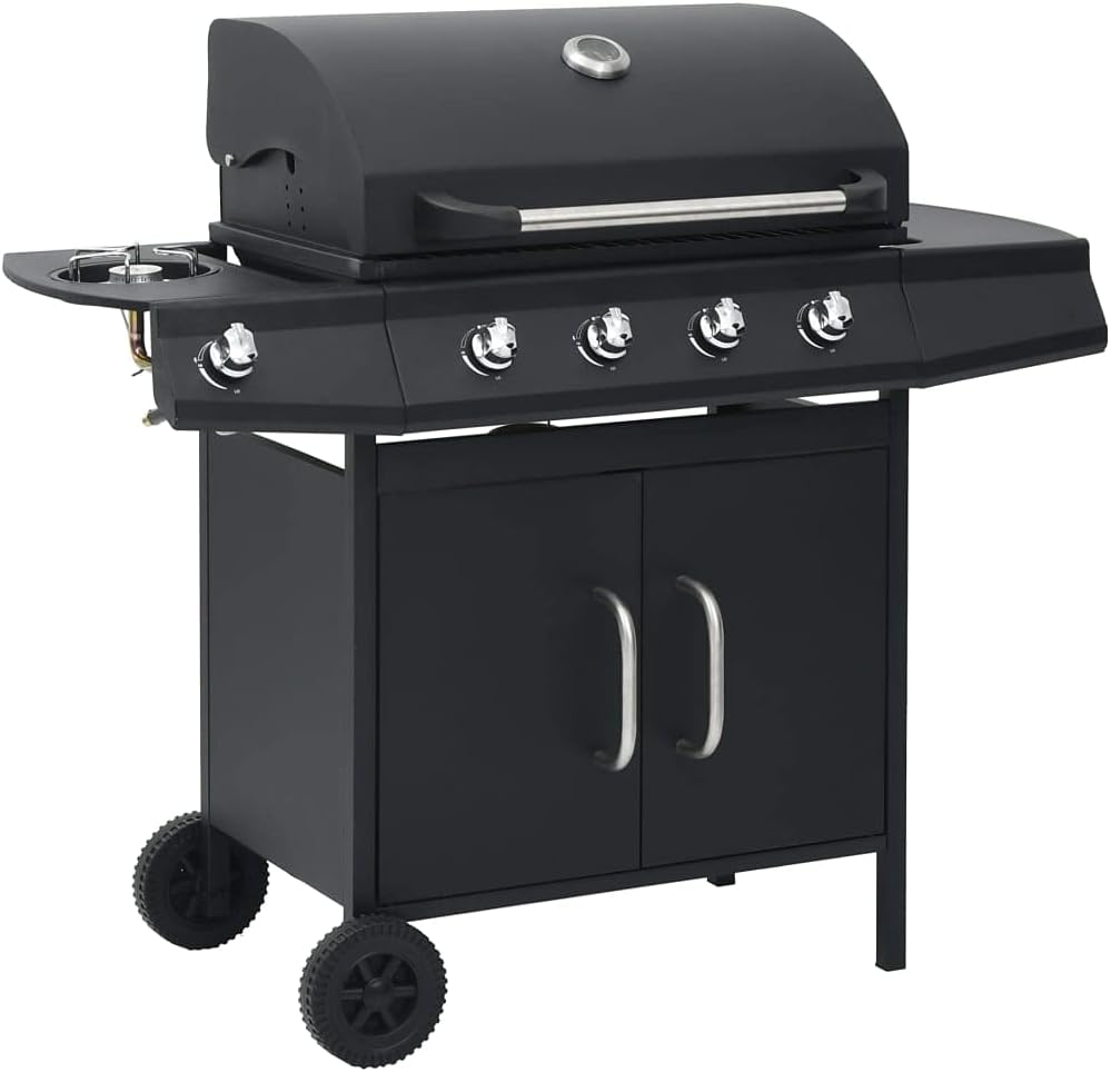 armoire GeenYuu, 64 x 40 cm, SPCC, noir., Barbecue à gaz 4 + 1 flammes en acier noir avec surface de cuisson