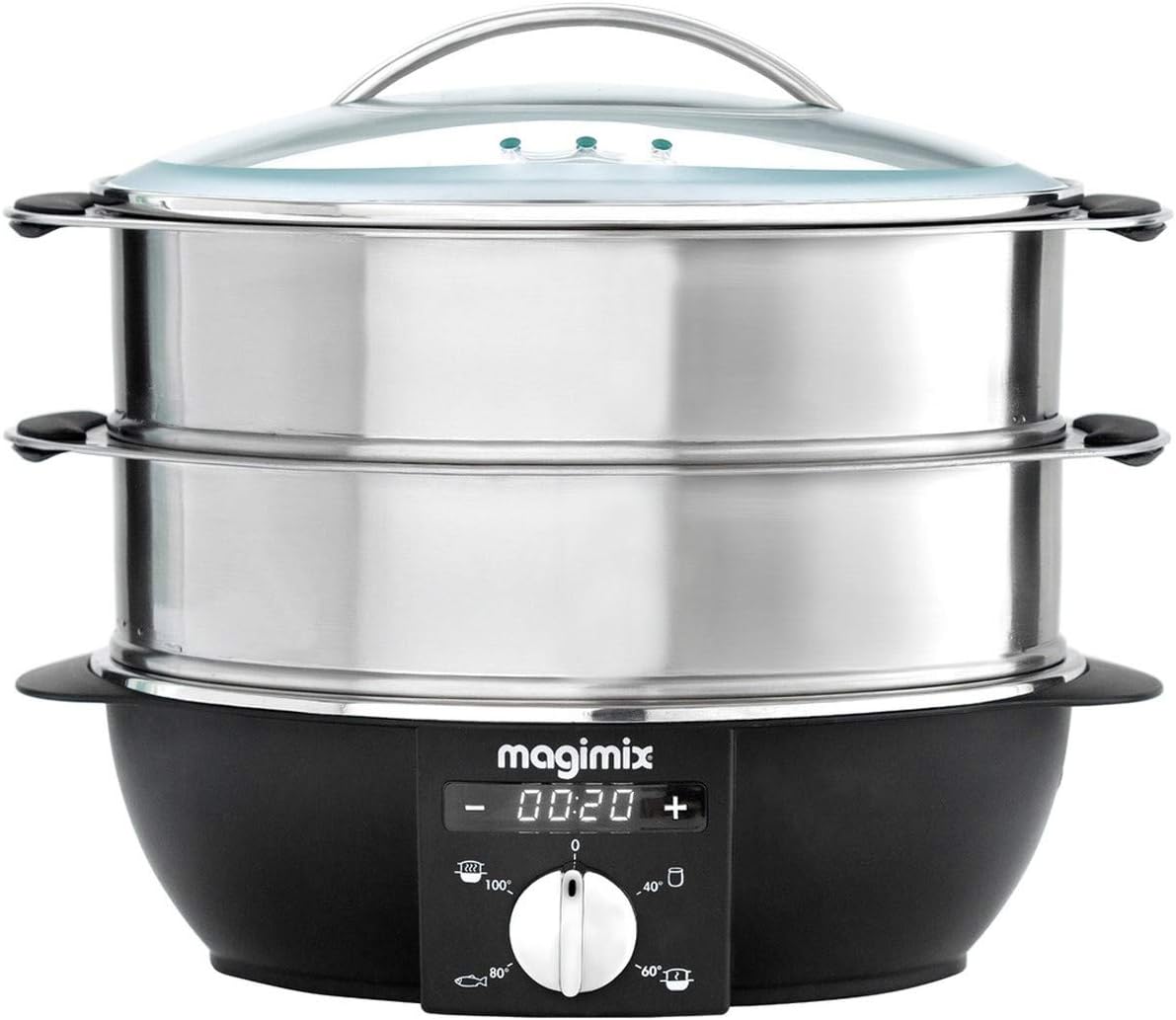 Magimix Cuiseurs vapeurs électriques, 1900 W, 5,5 L, 12,2 L, Noir/Argent, Cuiseur Vapeur Multifonction - 2 Paniers Inox