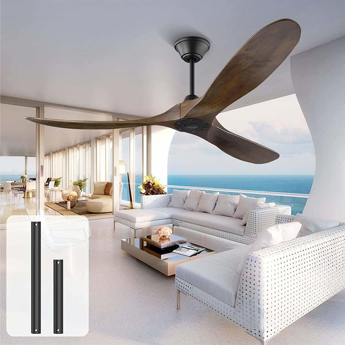 SHAIRMB Ventilateurs de plafond, Blanc, Ventilateur de Plafond 70po en Bois à 3 Pales avec TéLéCommande, 6 Vitesses