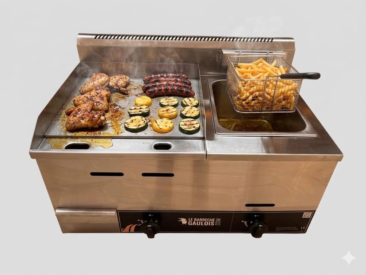 Le Barbecue Gaulois plancha, 9400 W, Argent, Gaz avec Friteuse, Combiné en Inox, Butane/Propane