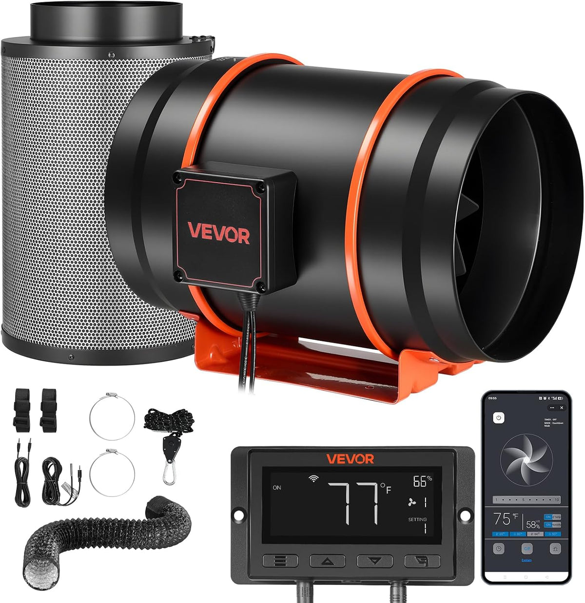 VEVOR Matériel de ventilation, 1372 m, 203 mm, Blanc, Kit Ventilateur de Gaine à Flux Mixte avec Filtre à Charbon ³/h