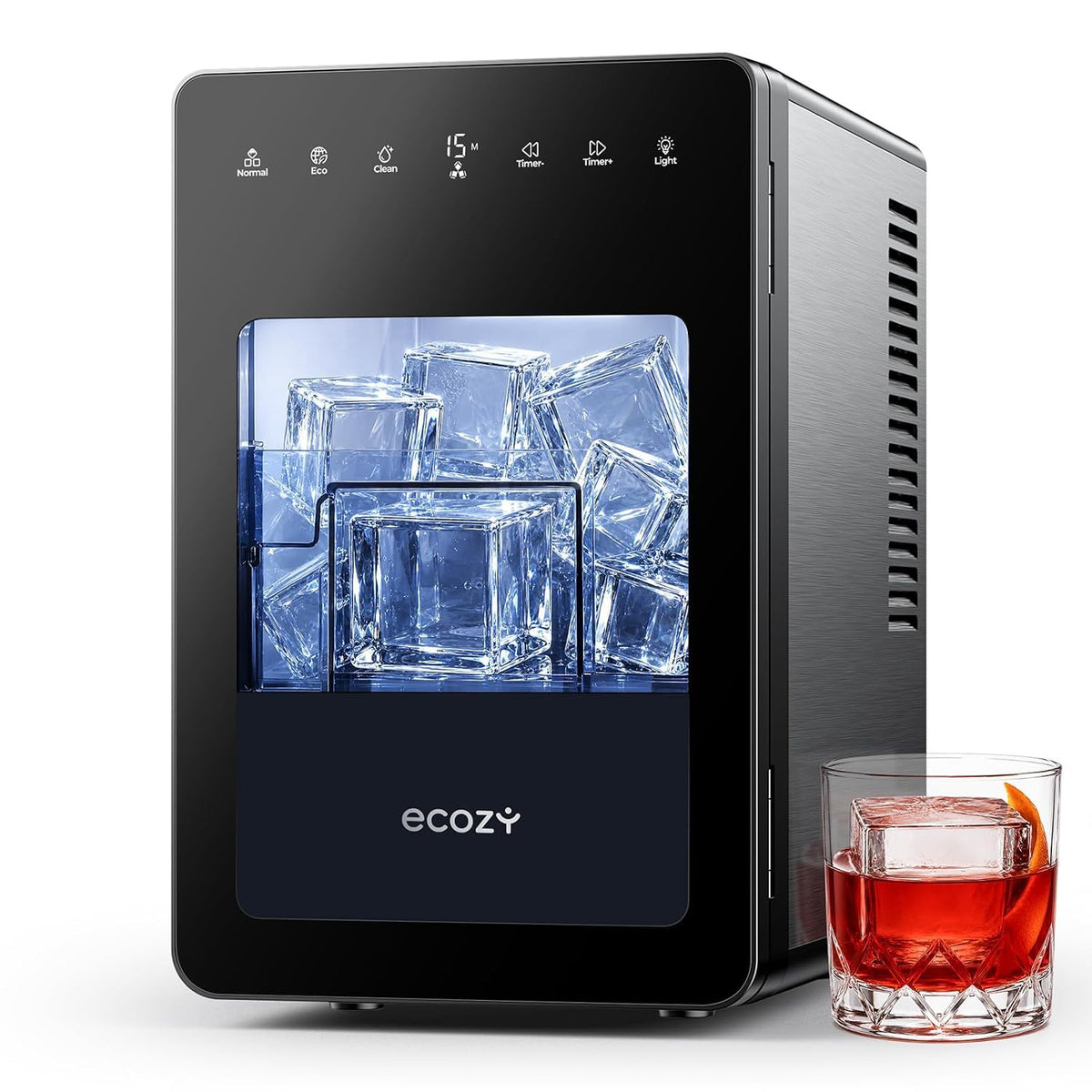 ecozy machine à glaçons, 50 mm, Noir, Transparente, Minuteur 24 h, Technologie CrystalFlux, 96 Glaçons/Jour
