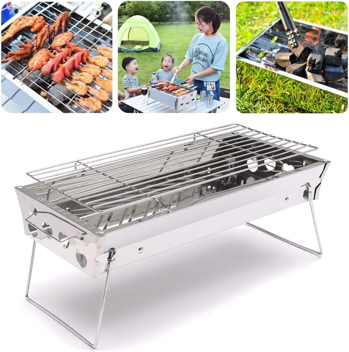 Barbecue barbecue à charbon, Argent, portable en acier inoxydable pour camping familial