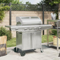 Mokuyary Barbecues au gaz naturel, 16 kW, acier inoxydable, acier chromé, argenté, Barbecue à gaz avec 5 brûleurs Acier Inoxydable Grille avec Roues
