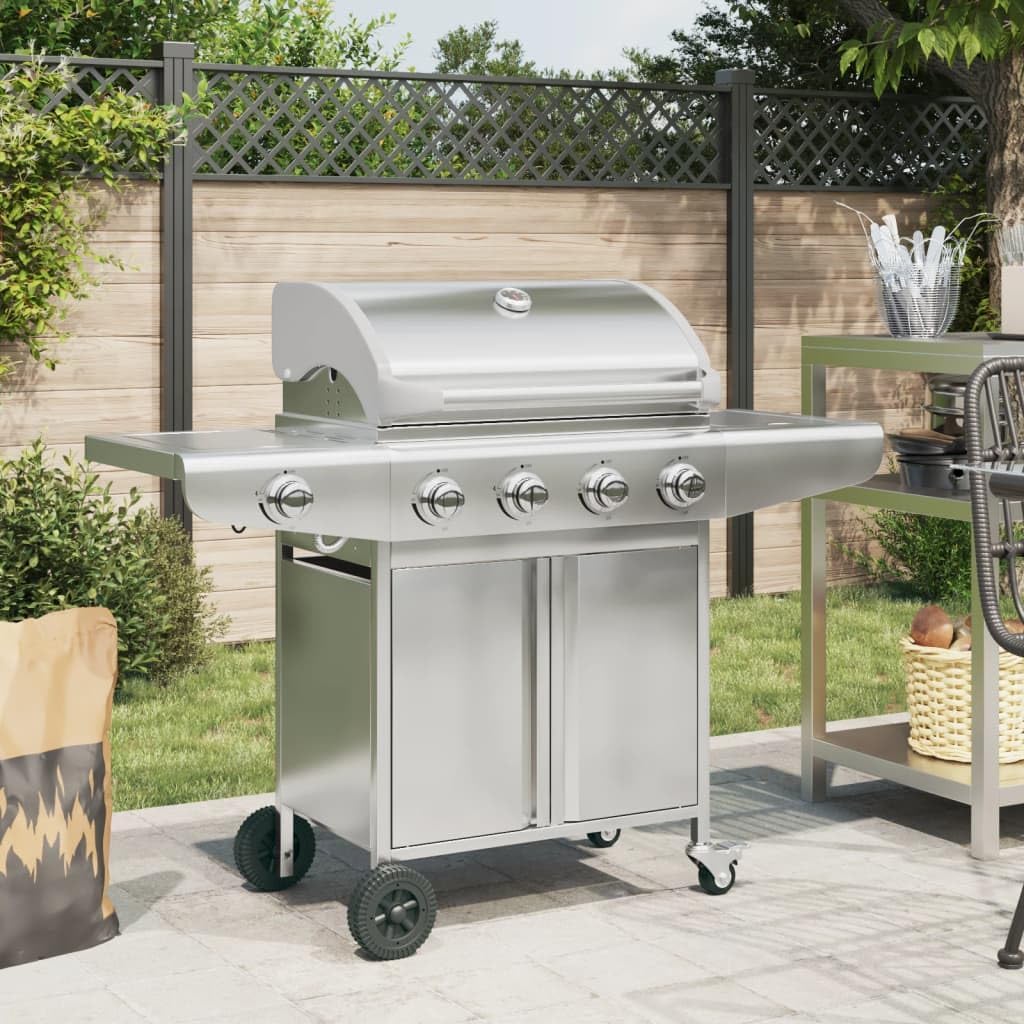 Mokuyary Barbecues au gaz naturel, 16 kW, acier inoxydable, acier chromé, argenté, Barbecue à gaz avec 5 brûleurs Acier Inoxydable Grille avec Roues