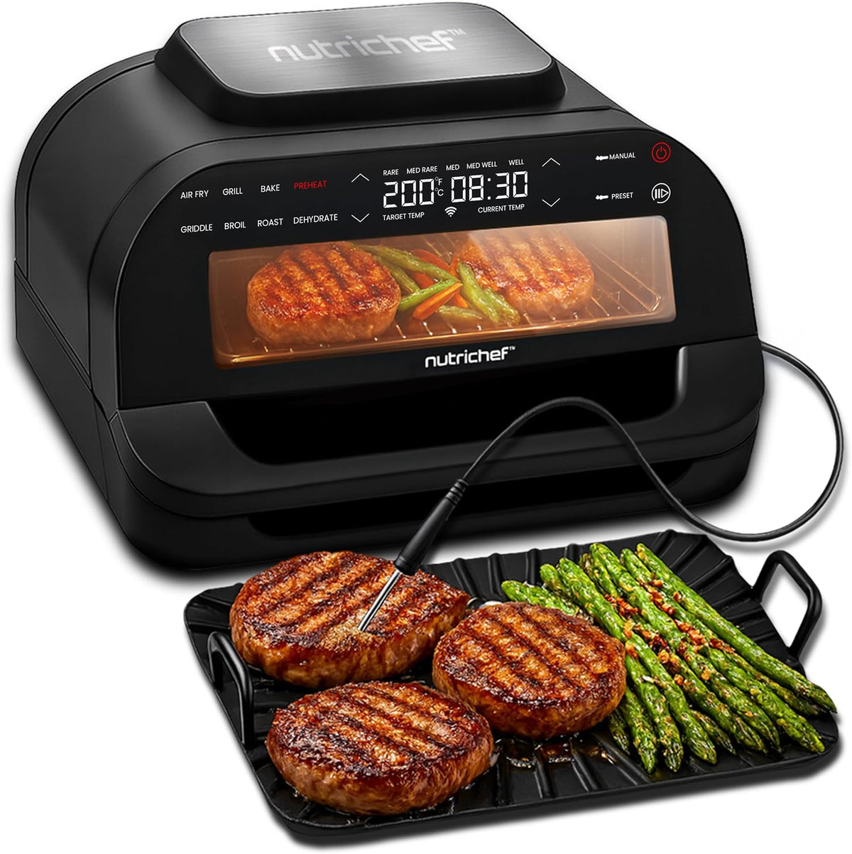 Nutrichef friteuse à air chaud, 6 L, Noir, Gril Intérieur Sans Fumée, Friteuse à Air avec Thermomètre Intelligent