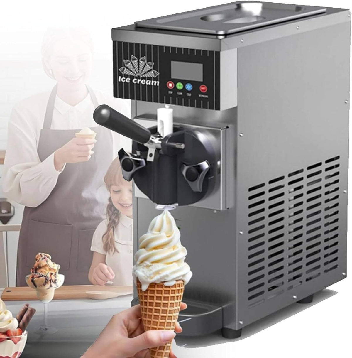 GTANND sorbetière, 2,5 L + 1 L, 450 W, 110 V (personnalisable) / 220 V, Boîtier en acier inoxydable, Gris, Machine Verticale à Cornets de Glace